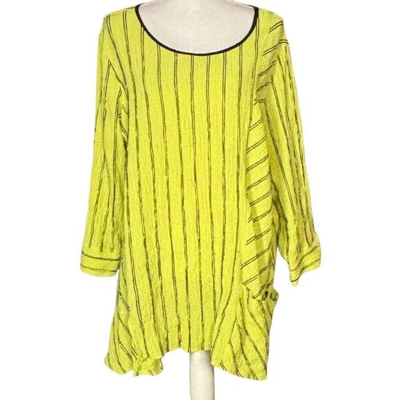 Ali Miles Tunic Size 1X Striped Yellow Artsy Pocket Button Lagenlook Corpcore - Picture 2 of 10